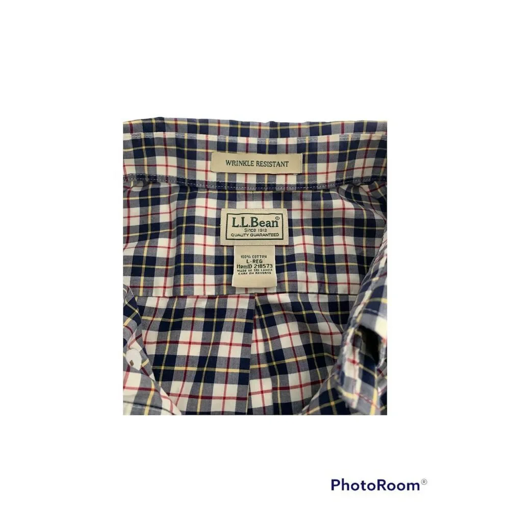 LL Bean Mens LG Wrinkle Resistant Button Collar Red White Blue Plaid Long Sleeve